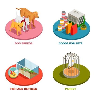 Pet shop 2x2 design concept with dog breeds goods for pet parrot fish and reptiles isometric icons vector illustration