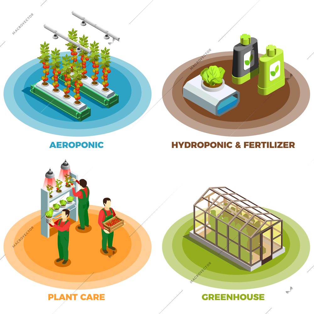 Hydroponic and aeroponic 2x2 design concept with fertilizer greenhouse plant care  isometric elements vector illustration