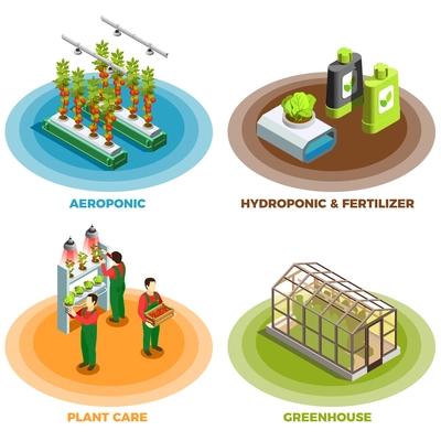 Hydroponic and aeroponic 2x2 design concept with fertilizer greenhouse plant care  isometric elements vector illustration