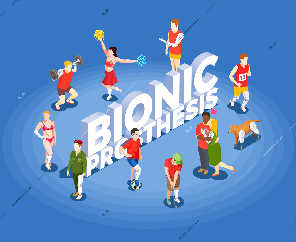 Bionic prosthetics isometric vector illustration with people involved in sports having artificial high tech legs and hands prosthesis