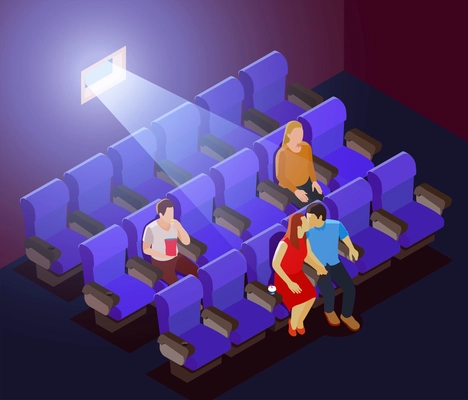 Romantic dating background with young couple kissing in dark cinema during screening of film isometric vector illustration