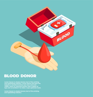 Blood donor isometric design concept with blood donation bag in medical container and hand of donor vector illustration