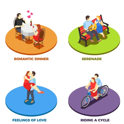 Dating Romantic relationship 2x2 design concept with serenade on bench riding cycle feeling of love and romantic dinner isometric compositions vector illustration