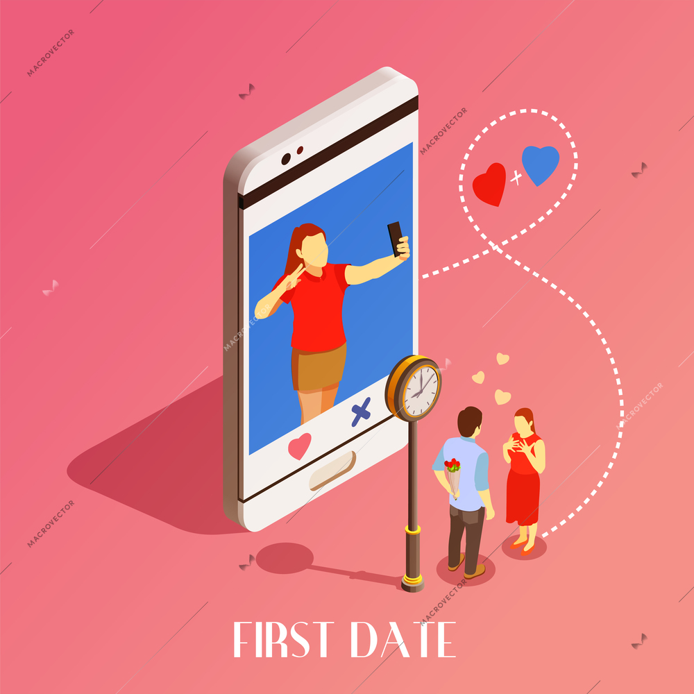 First date under clock design concept with young man invited girl on date with dating application isometric vector illustration