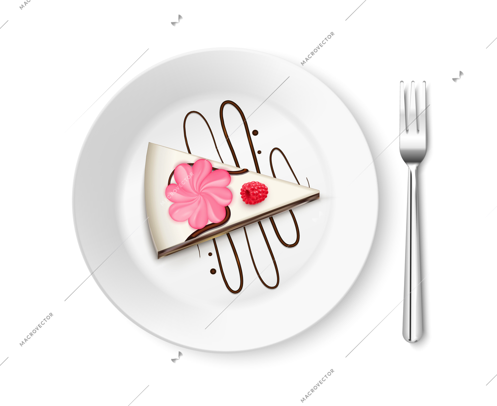 Colored piece of cake top view realistic composition with cake in plate with a dessert fork vector illustration