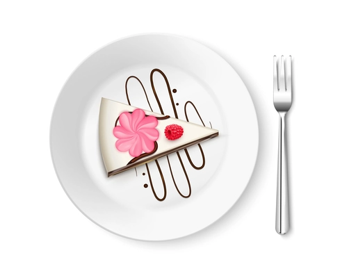 Colored piece of cake top view realistic composition with cake in plate with a dessert fork vector illustration