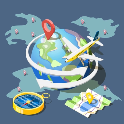 Planning traveling isometric composition with location markers on globe and map compass and aircraft flying around earth vector illustration