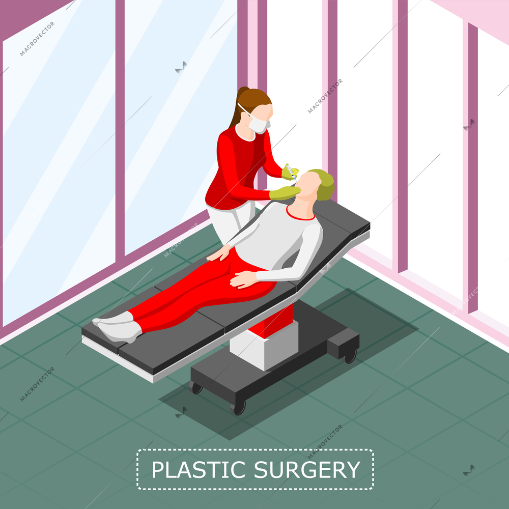 Plastic surgery isometric background with doctor doing anti aging injection to female patient vector illustration