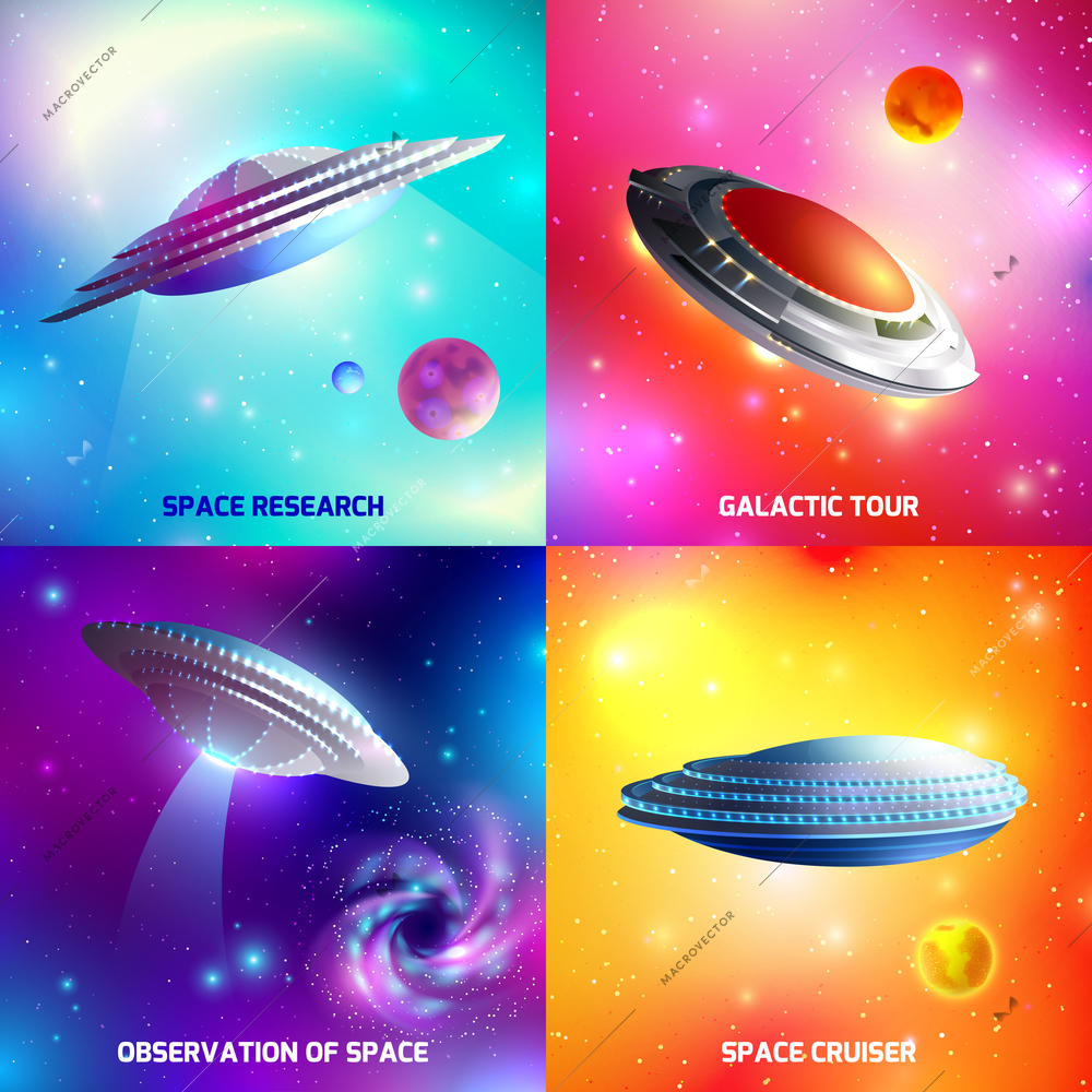 Design concept with alien spaceship during space research, galactic tour, as cosmic cruiser isolated vector illustration
