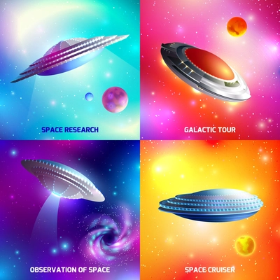 Design concept with alien spaceship during space research, galactic tour, as cosmic cruiser isolated vector illustration