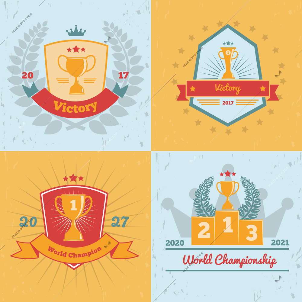 World cup championships winners awards gold trophies emblems 4 flat colored background icons collection isolated vector illustration