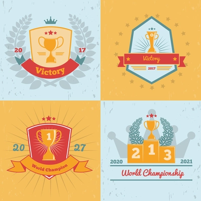 World cup championships winners awards gold trophies emblems 4 flat colored background icons collection isolated vector illustration