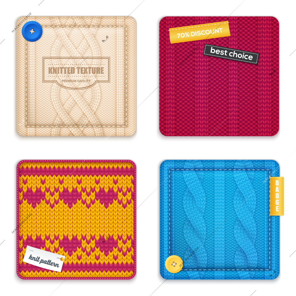 Realistic knitted patterns concept 4 square samples set with jacquard cable texture design discount sale vector illustration