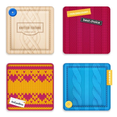Realistic knitted patterns concept 4 square samples set with jacquard cable texture design discount sale vector illustration