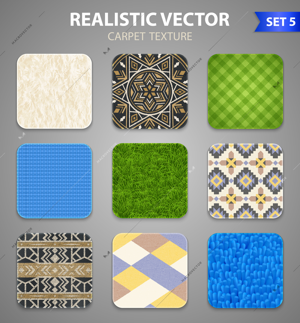 Carpet rugs floor covering texture patterns styles 9 realistic square samples collection on grey background vector illustration