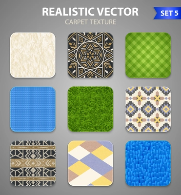 Carpet rugs floor covering texture patterns styles 9 realistic square samples collection on grey background vector illustration