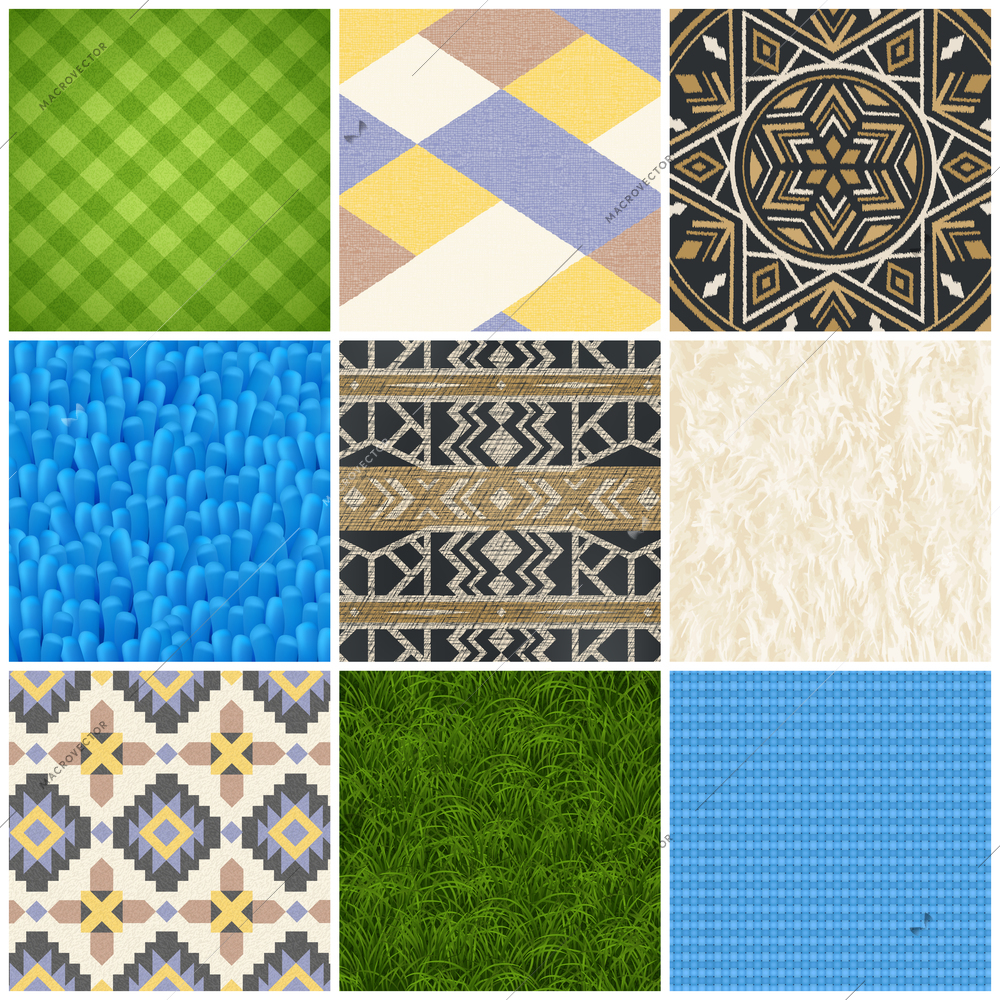 Carpet rugs bathroom mats floor covering texture and pattern design 9 realistic samples collection isolated vector illustration