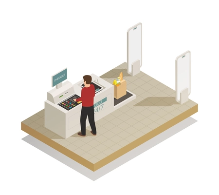 Fully self-service automatic secure checkout payment processing technology in grocery supermarket section isometric composition vector illustration