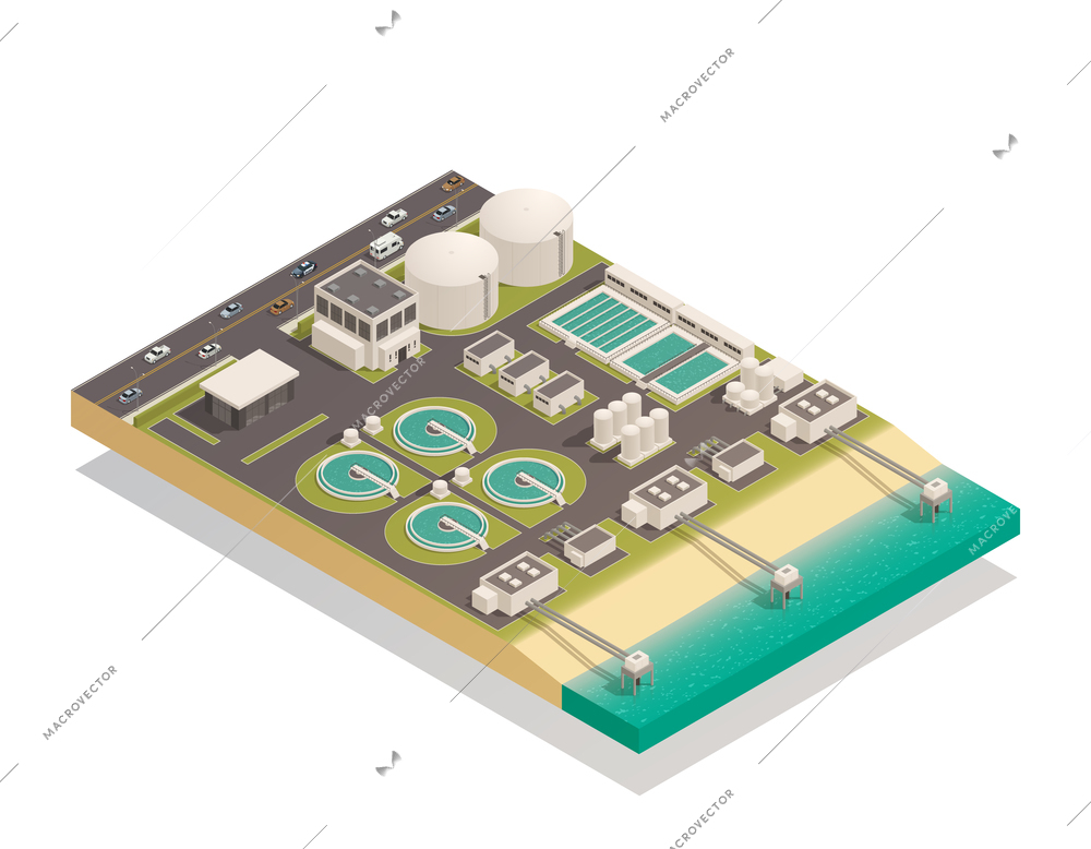 Surface and waste water purification treatment plant isometric composition with filtration aerotanks and separators reservoirs vector illustration