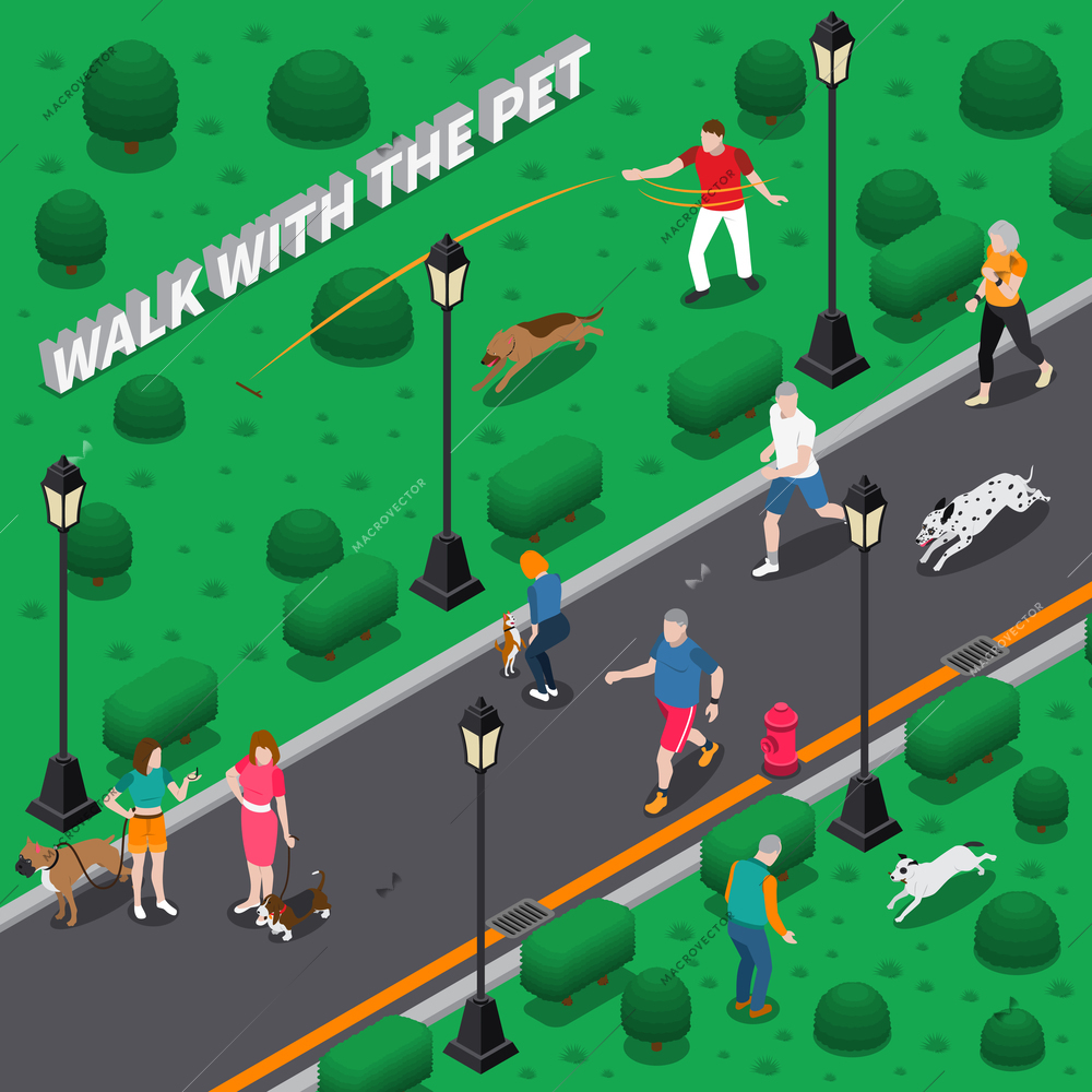 People walking and playing with their pet dogs in park isometric composition 3d vector illustration