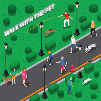 People walking and playing with their pet dogs in park isometric composition 3d vector illustration