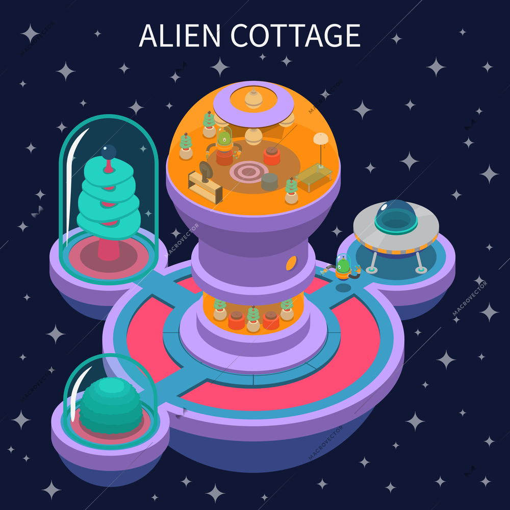 Isometric composition with colorful alien cottage and its interior on dark background with stars 3d vector illustration