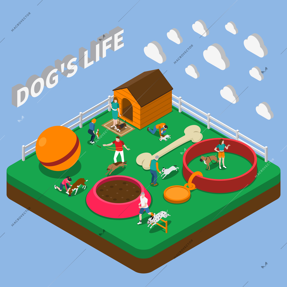 People playing with pets big ball kennel bowl bone and collar isometric composition on blue background 3d vector illustration