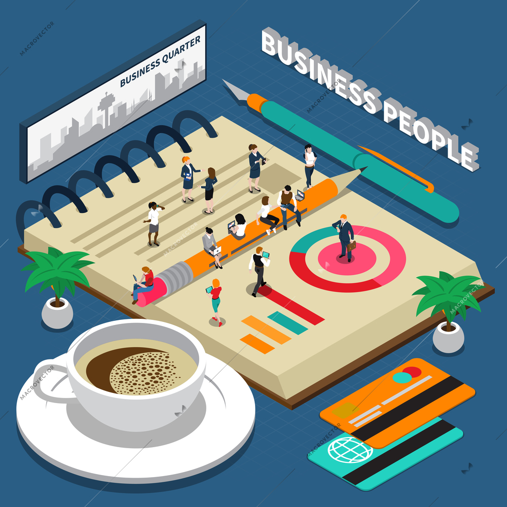 Miniature isometric concept with business people talking on phone daily planner credit cards and cup of coffee 3d vector illustration