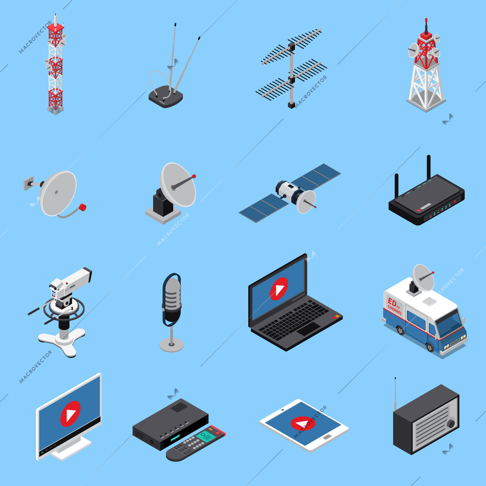 Telecommunication isometric icons set with broadcast equipment and electronic devices isolated on blue background 3d vector illustration