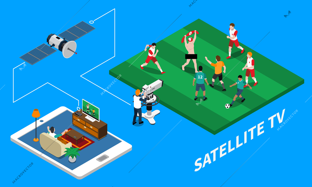 Telecommunication satellite tv isometric composition with live streaming of football match on blue background 3d vector illustration