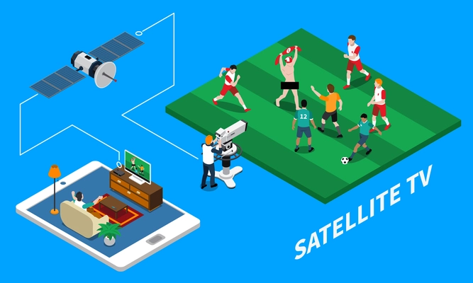 Telecommunication satellite tv isometric composition with live streaming of football match on blue background 3d vector illustration