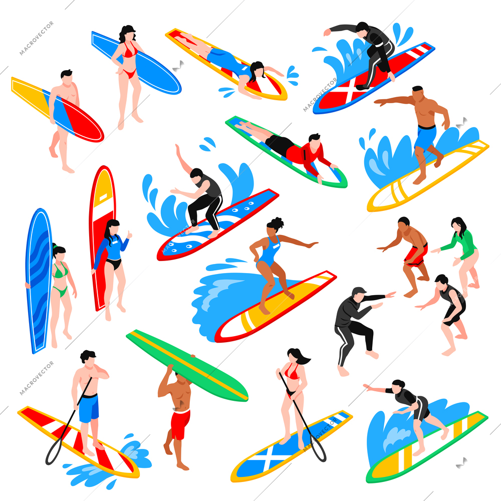 Surfing isometric icons set with coach training young people to riding on surfboard isolated vector illustration