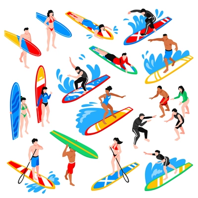 Surfing isometric icons set with coach training young people to riding on surfboard isolated vector illustration