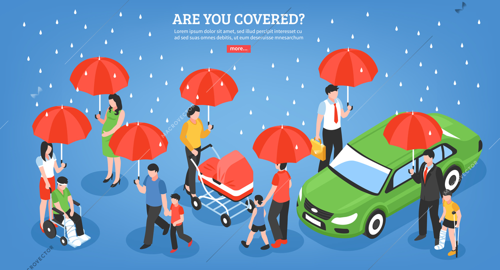 Insurance services design concept with people under umbrella as symbol protection from life problems isometric vector illustration