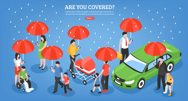 Insurance services design concept with people under umbrella as symbol protection from life problems isometric vector illustration