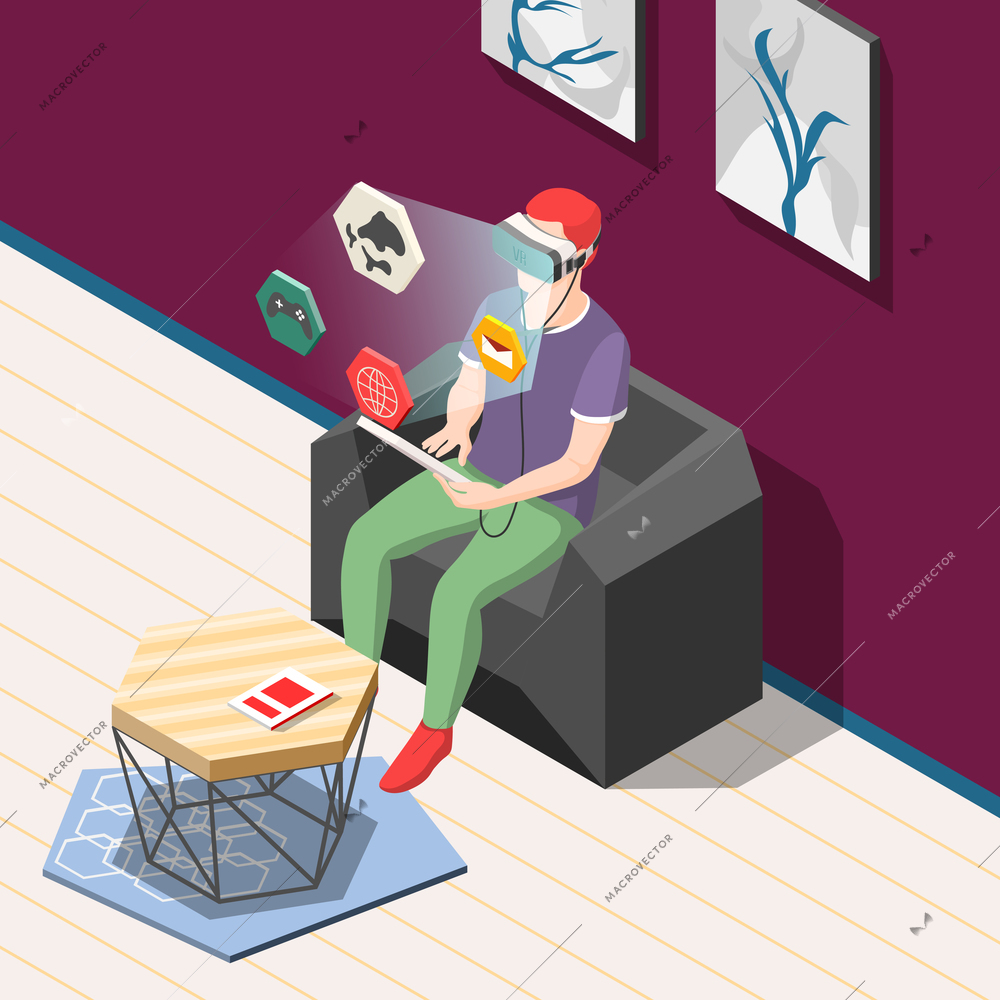 Man in vr headset in chair, icons set with computer game, internet, email isometric background vector illustration