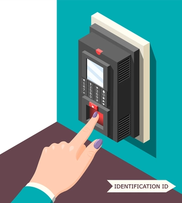 Biometric id background with electronic access control device and female hand with finger on sensor vector illustration