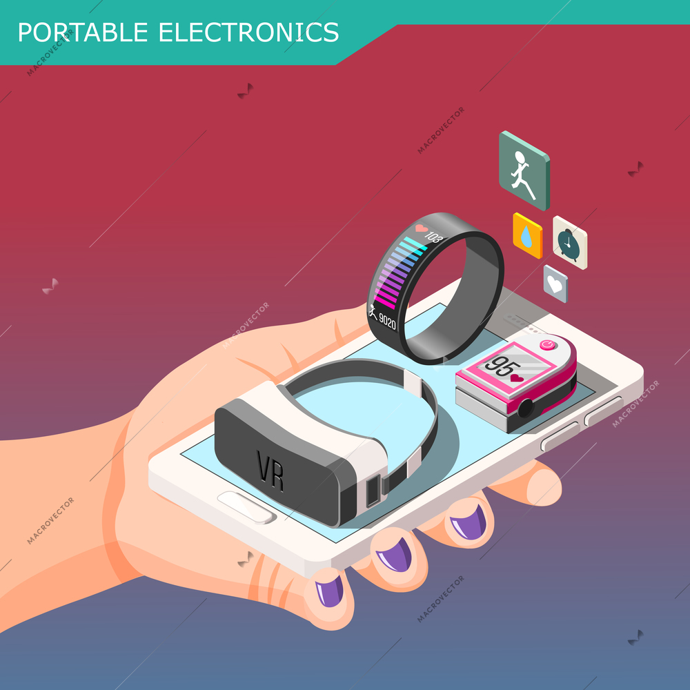 Portable electronics isometric composition on gradient background with smartphone, fitness bracelet, vr glasses in hand vector illustration