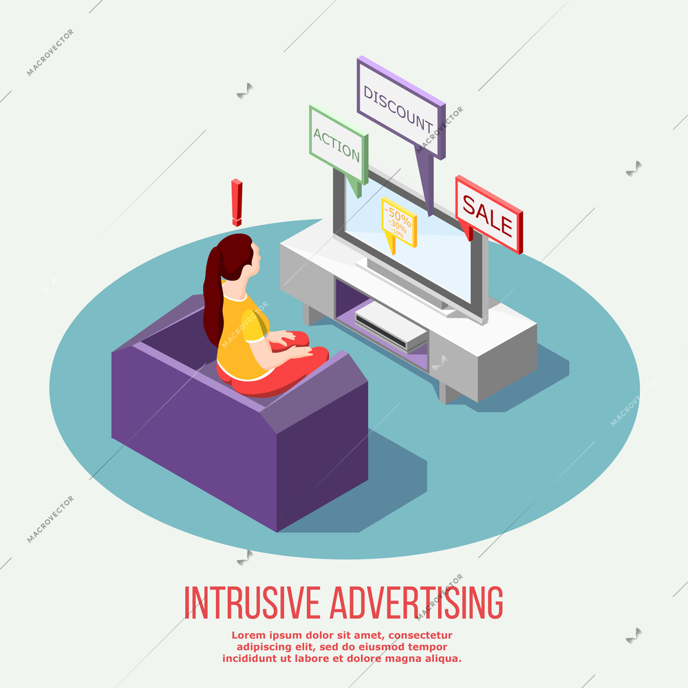 Annoying advertisement isometric composition with woman on sofa and promotional information on tv vector illustration
