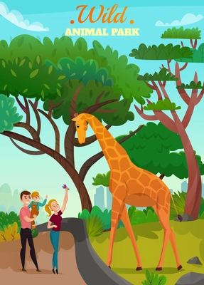 Wild animal park background with happy young family saluting giraffe walking in zoo cartoon vector illustration