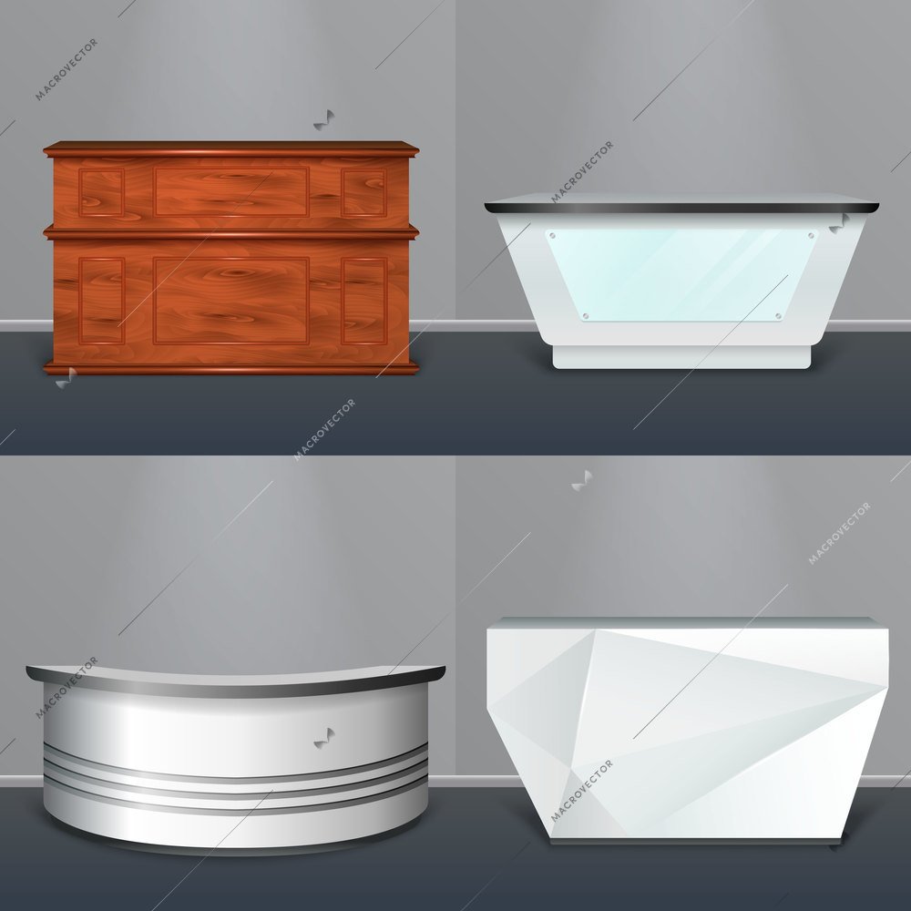 Modern reception desks design 4 realistic models with wooden rectangular plastic circular and abstractly shaped vector illustration