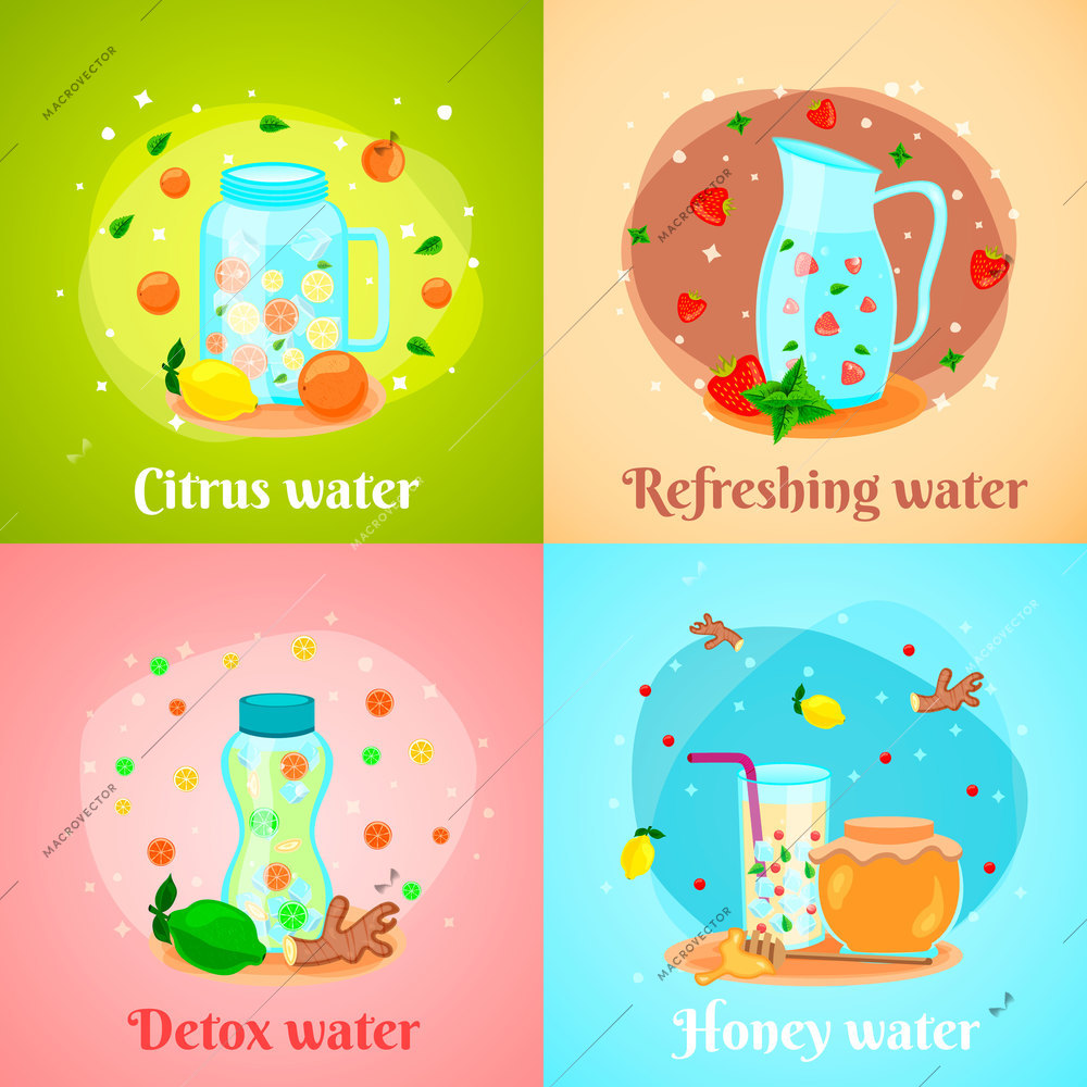 Citrus honey fruits infused detox water body cleansing hydration fat burning 4 flat icons square vector illustration