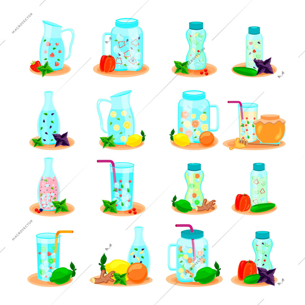 Detox water in drink bottles jar carafe flat icons collection with lemon honey mint isolated vector illustration