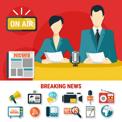 Breaking news design concept with television announcers on air and set of flat isolated icons on press theme vector illustration