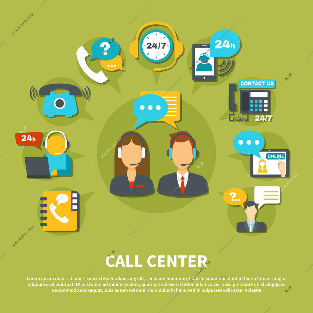 Call center composition on green background with staff in headset during consultations, online support vector illustration