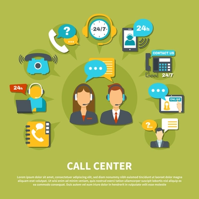 Call center composition on green background with staff in headset during consultations, online support vector illustration