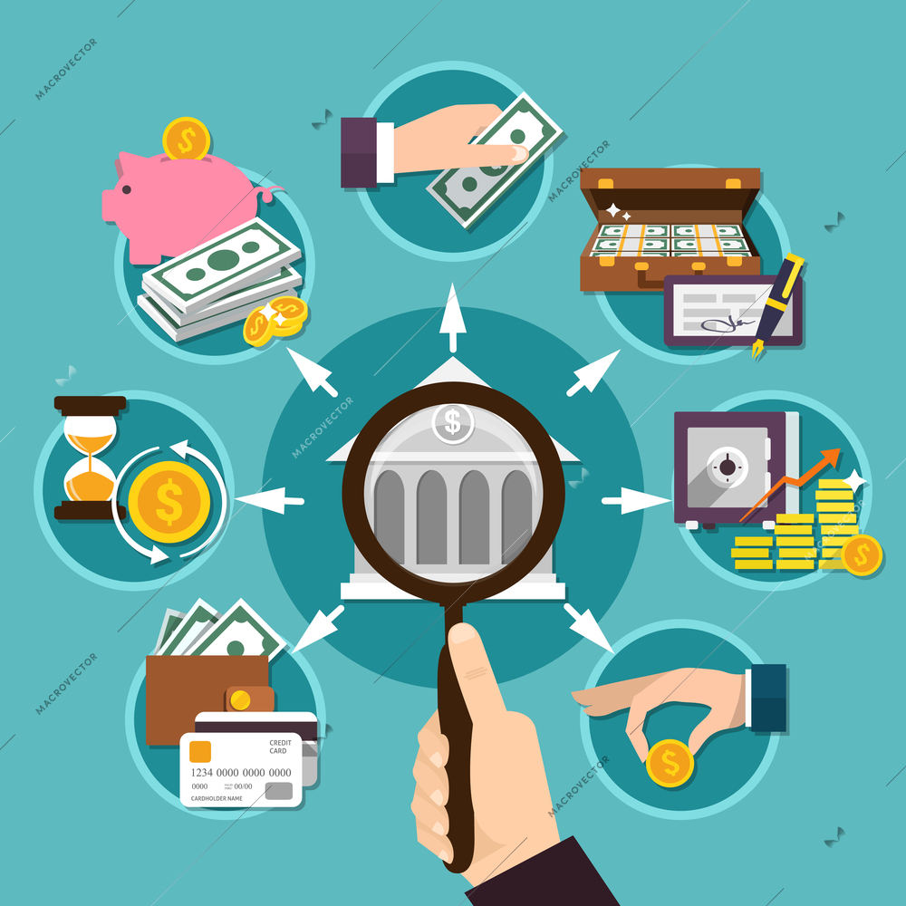 Colored flat money composition with viewing round icons under a magnifying glass vector illustration