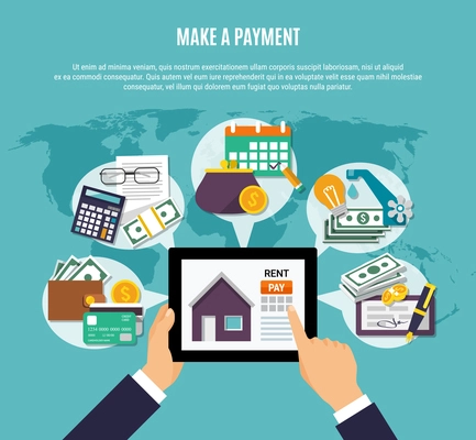 Money flat concept with make a payment headline and app in laptop vector illustration