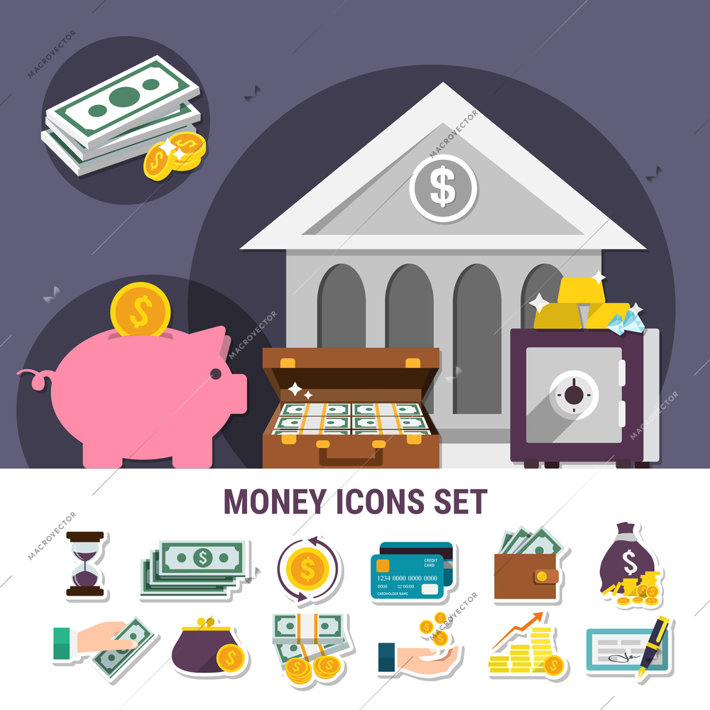 Money flat composition set with isolated icon set combined together in banner vector illustration