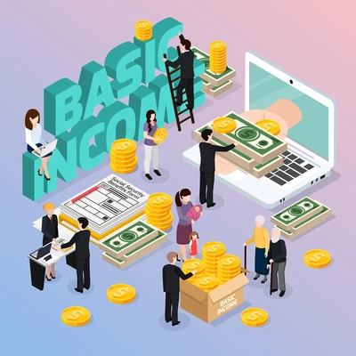 Social security composition with basic income and money symbols isometric vector illustration